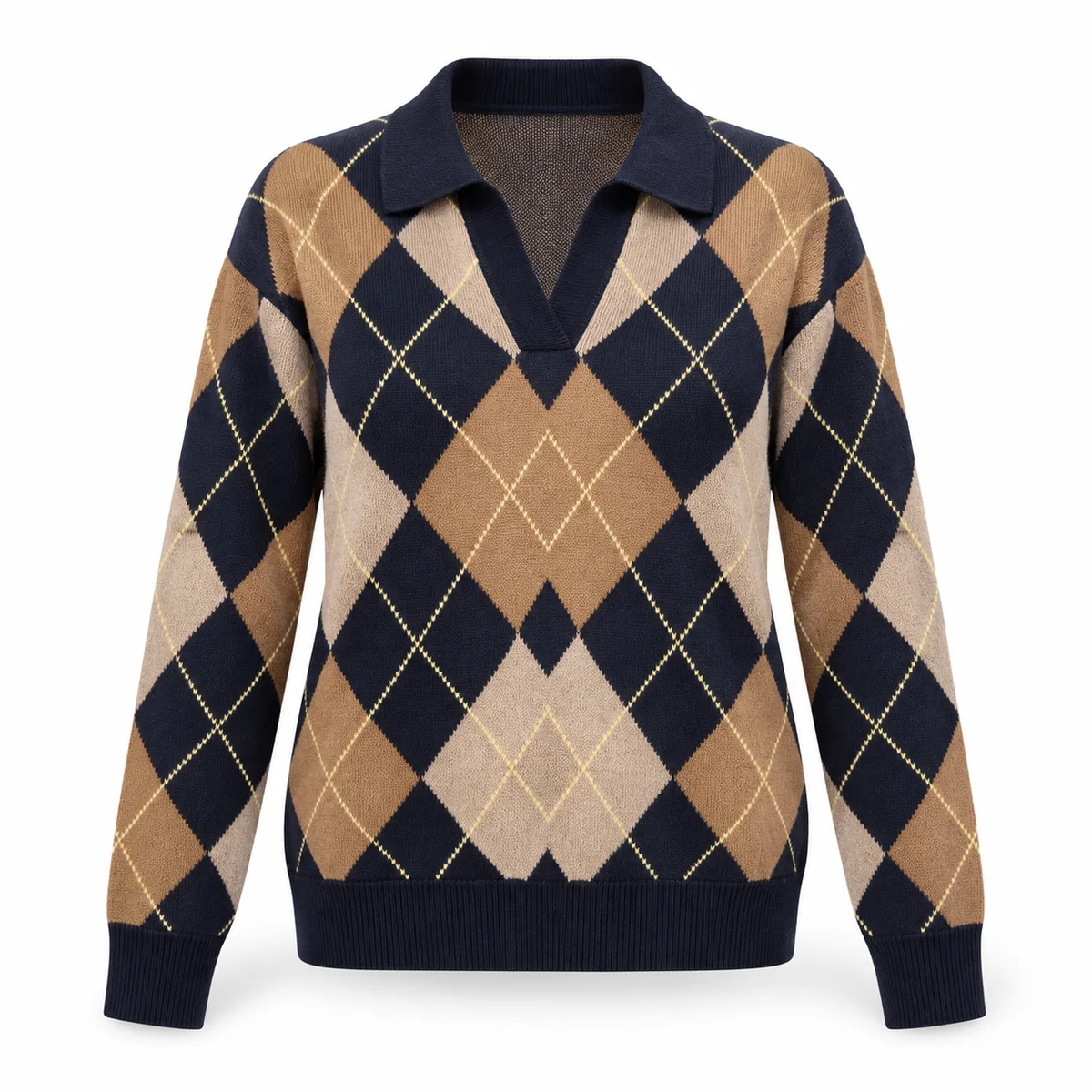 Vilnonis polo megztinis su rombų raštu – WL1796-R-AI26 Vilnonis polo megztinis su rombų raštu – WL1796-R-AI26 – BLU-CAMMELLO-BEIGE-GIALLO
